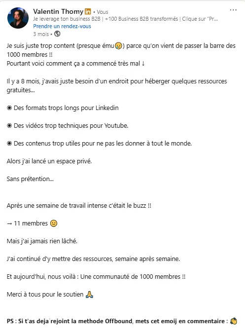 Exemple de post réussite LinkedIn - Célébration des 1000 membres