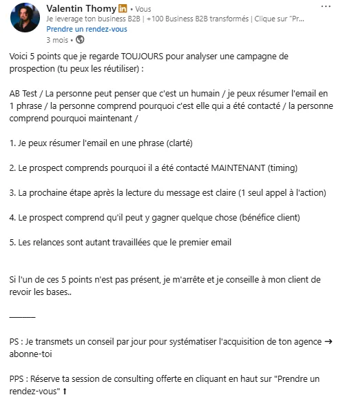 Exemple de post expertise LinkedIn - Les 5 points d'analyse de campagne