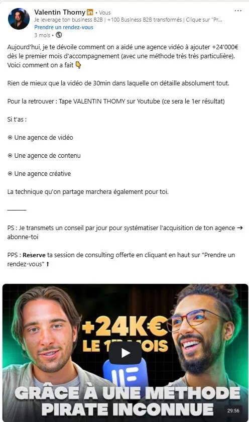 Exemple de post cas client LinkedIn - +24K€ en premier mois