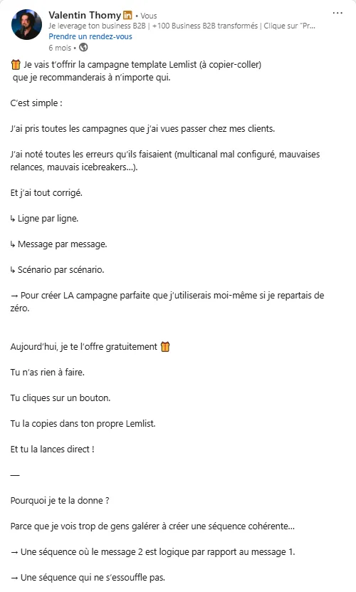 Exemple de post lead magnet LinkedIn - Template Lemlist offert