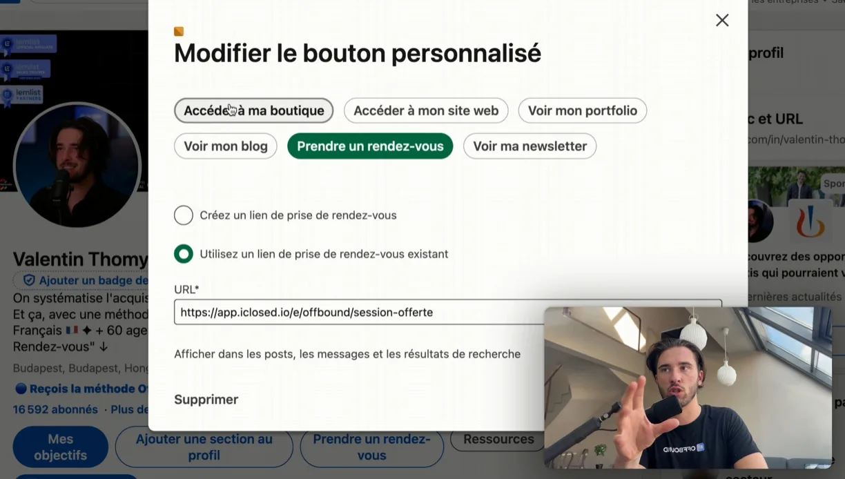 Modifier le bouton personnalisé pour ajouter un lien de RDV
