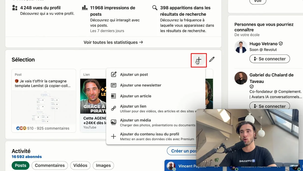 Menu pour ajouter du contenu dans la section Sélection