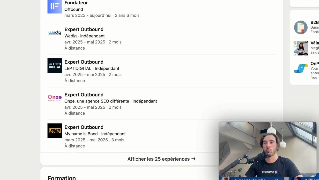 Section Expériences LinkedIn - preuves et résultats clients