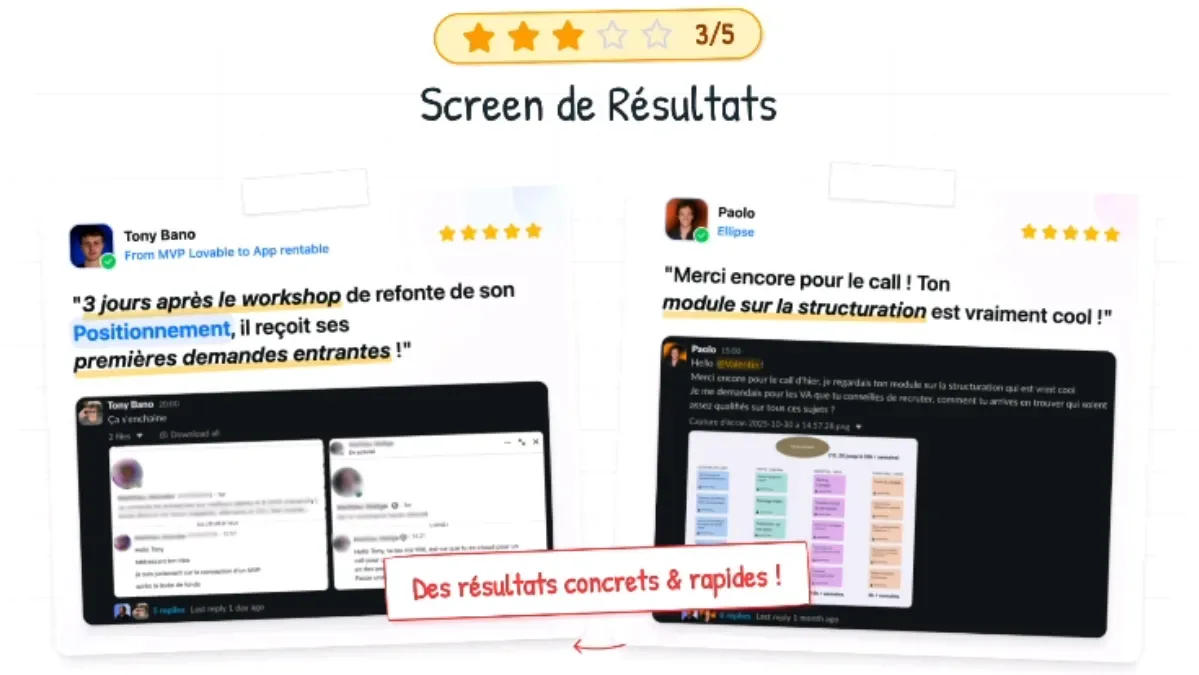 Niveau 3/5 — Screen de résultats concrets et rapides