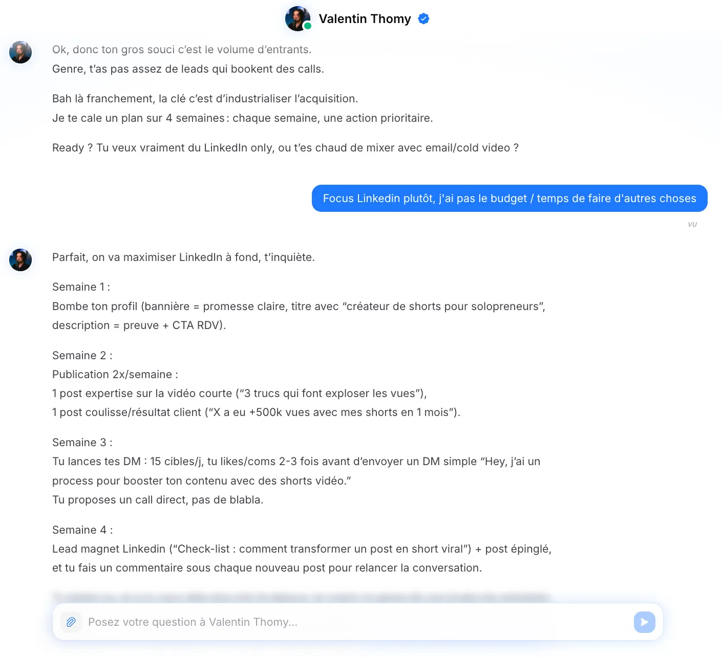 Exemple de conversation avec le copilote IA - Plan d'action LinkedIn