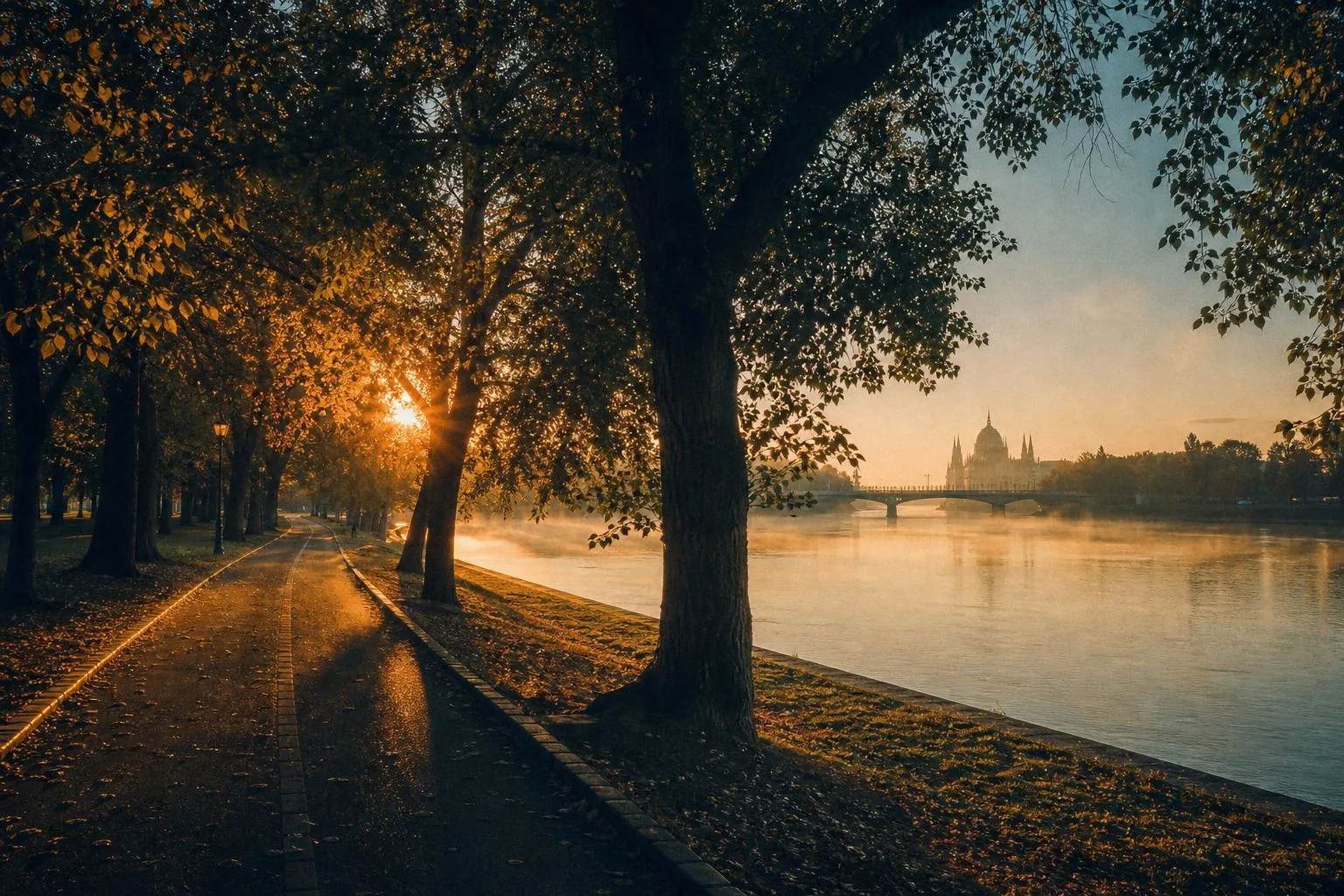 Allée bordée d'arbres à Marguerite Island, Budapest au lever du soleil