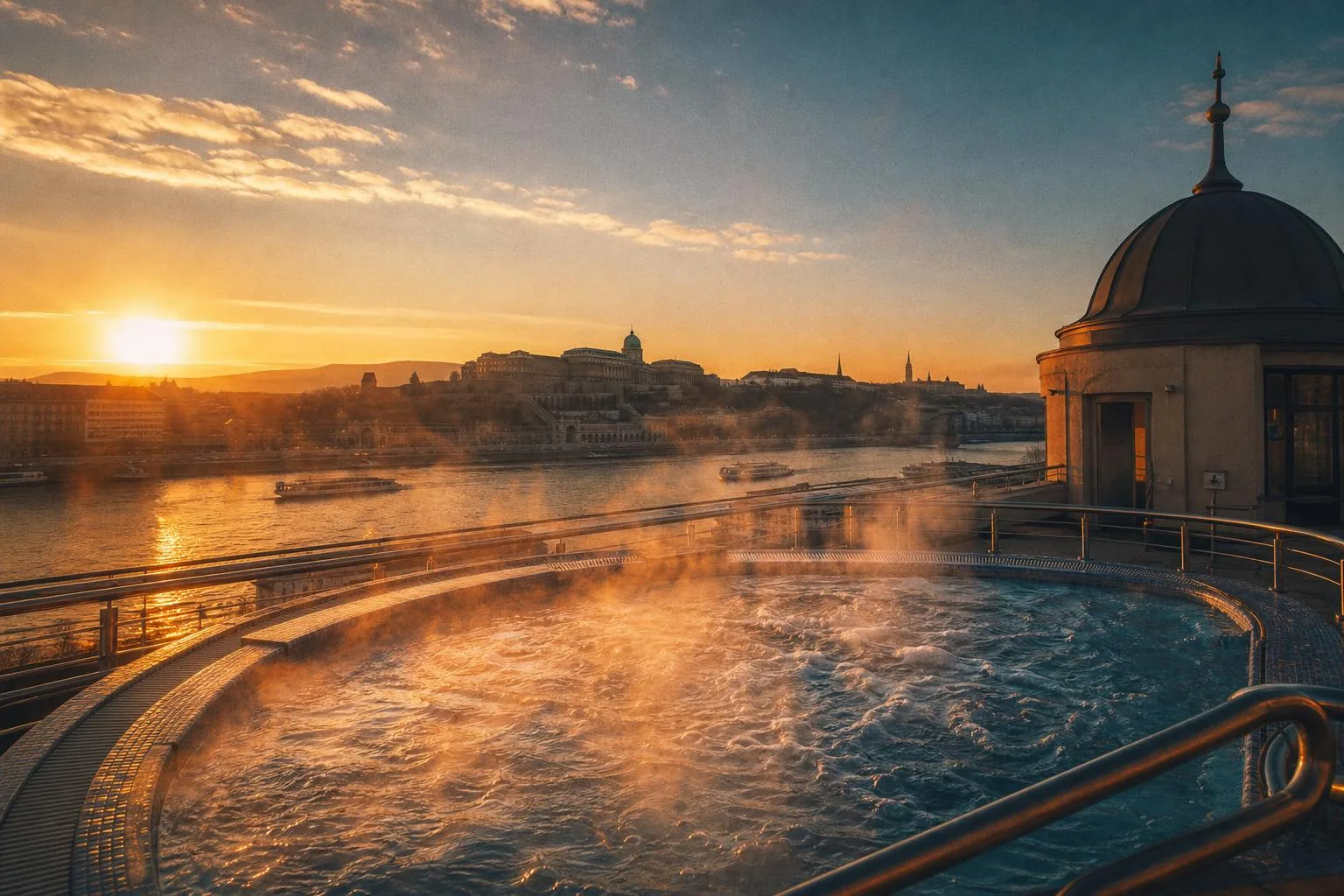Jacuzzi rooftop des bains Rudas avec vue sur Budapest et le Danube