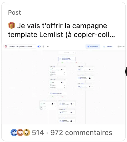 Post LinkedIn - Campagne Lemlist Template (514 likes, 972 commentaires)