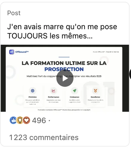 Post LinkedIn - Formation Prospection (496 likes, 1223 commentaires)