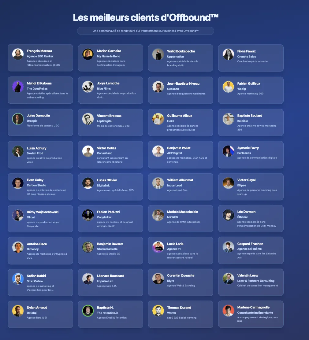 Les meilleurs clients d'Offbound - 100+ fondateurs B2B accompagnés