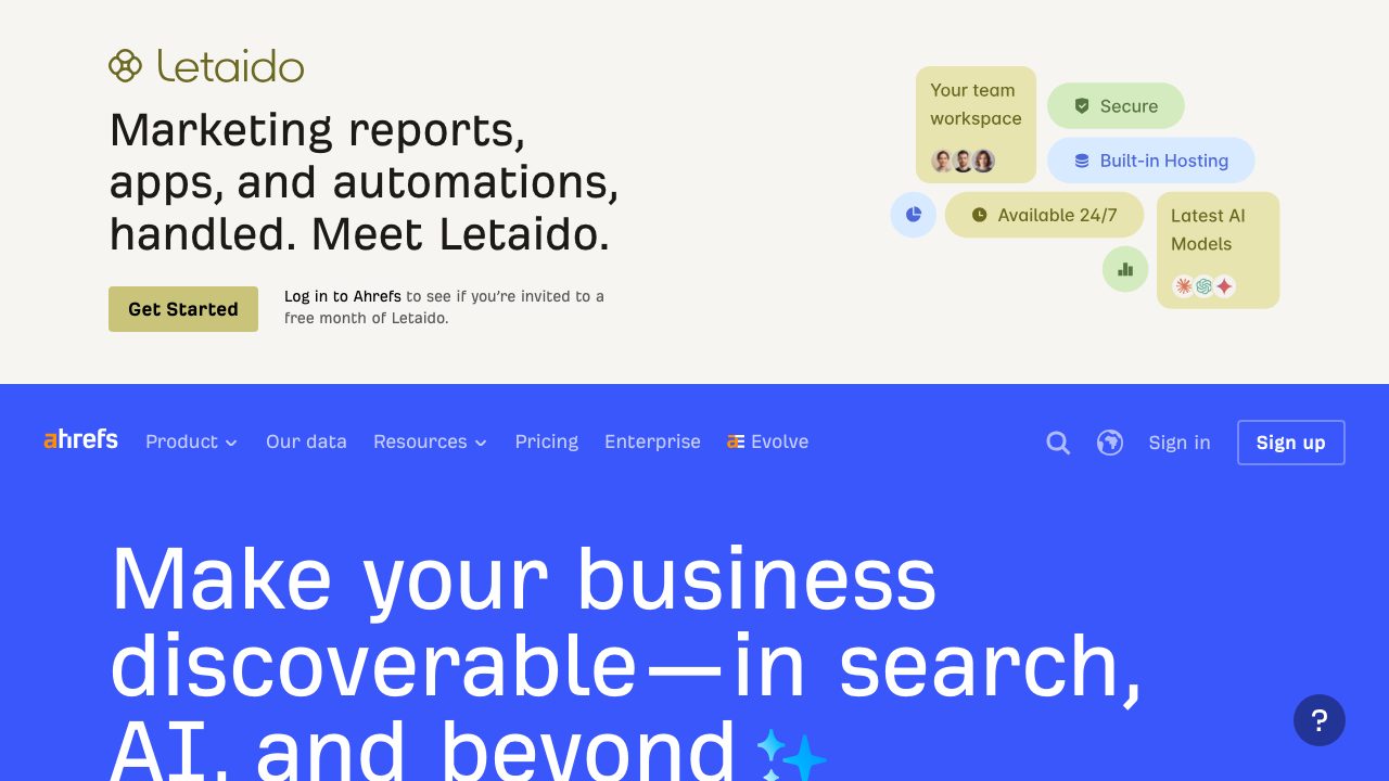 Page d'accueil d'Ahrefs