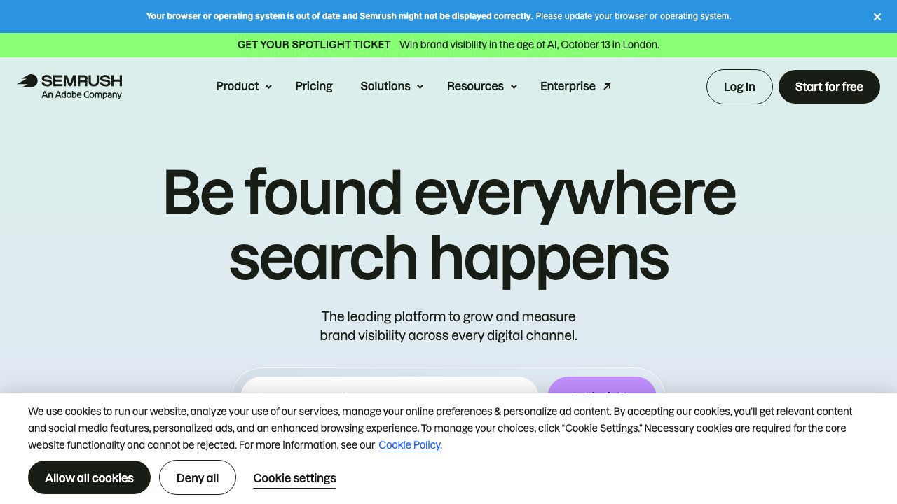 Page d'accueil de Semrush