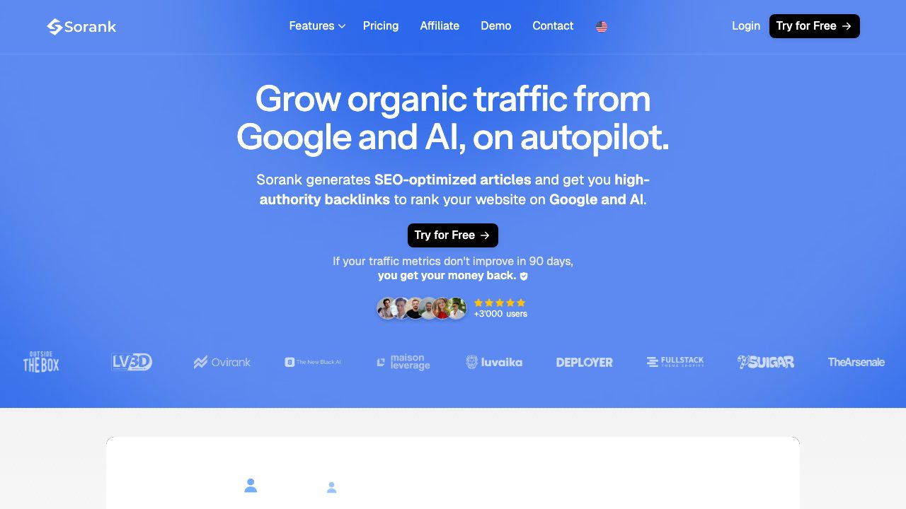 Page d'accueil de Sorank, outil SEO et GEO en pilote automatique